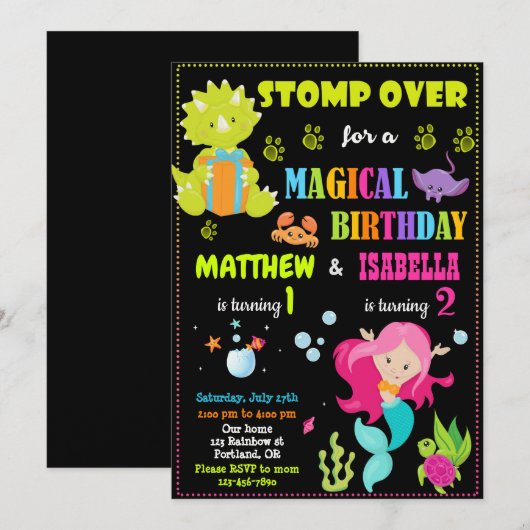 Dinosaur en Mermaid verjaardagsuitnodiging Twee th Kaart (Voorkant / Achterkant)