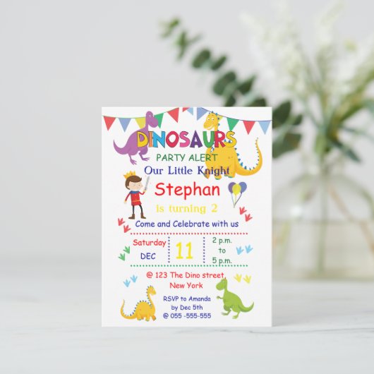 Dinosaur en Ridder Verjaardagsfeest Uitnodigingen (Staand voorkant)