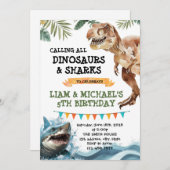 Dinosaur en Shark gezamenlijke feestuitnodiging Kaart (Voorkant / Achterkant)