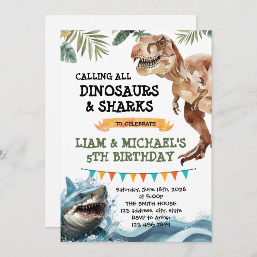 Dinosaur en Shark gezamenlijke feestuitnodiging Kaart (Voorkant / Achterkant)
