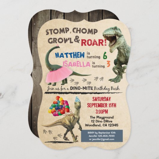 Dinosaur en tutu verjaardag uitnodiging (Voorkant / Achterkant)