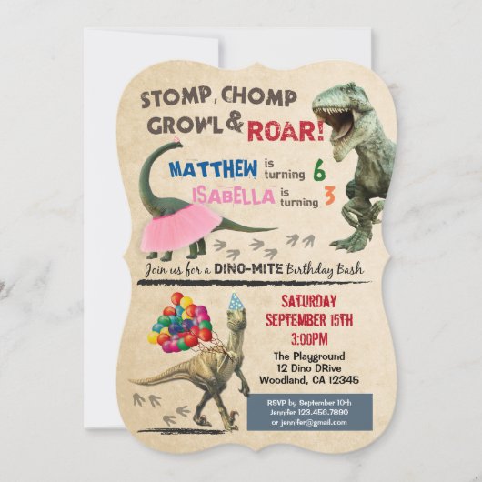 Dinosaur en tutu verjaardag uitnodiging (Voorkant)