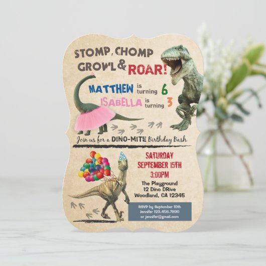 Dinosaur en tutu verjaardag uitnodiging (Staand voorkant)