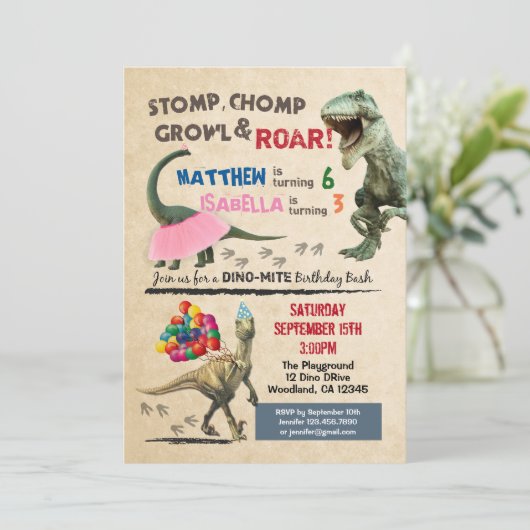 Dinosaur en tutu verjaardag uitnodiging (Staand voorkant)