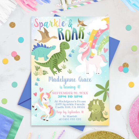 Dinosaur en Unicorn Invitation Boy Girl Kaart