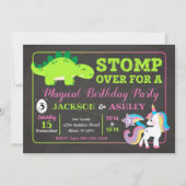Dinosaur en Unicorn Joint Birthday Invitation Kaart (Voorkant)