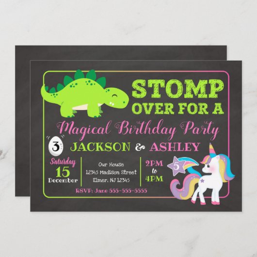 Dinosaur en Unicorn Joint Birthday Invitation Kaart (Voorkant / Achterkant)