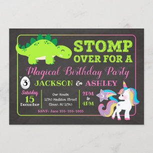 Dinosaur en Unicorn Joint Birthday Invitation Kaart
