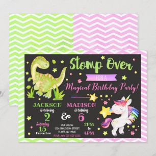 Dinosaur en Unicorn Joint Birthday Invitation Kaart