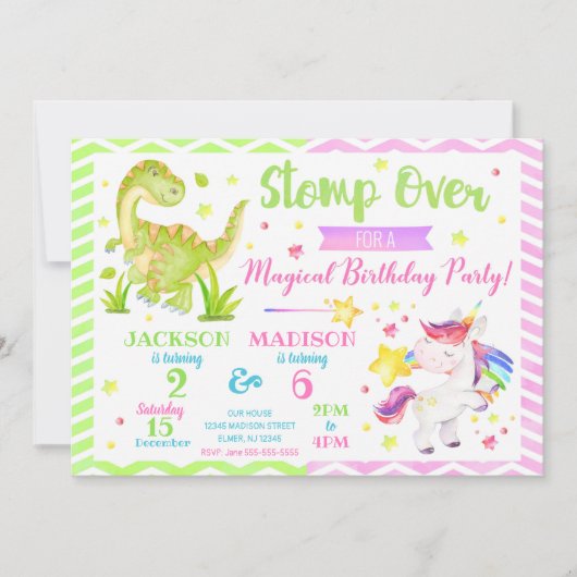 Dinosaur en Unicorn Joint Birthday Invitation Kaart (Voorkant)