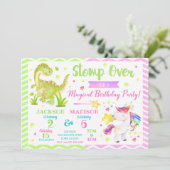Dinosaur en Unicorn Joint Birthday Invitation Kaart (Staand voorkant)