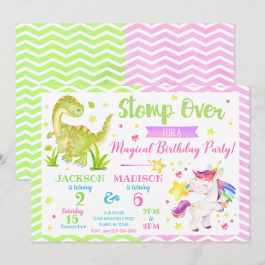 Dinosaur en Unicorn Joint Birthday Invitation Kaart (Voorkant / Achterkant)