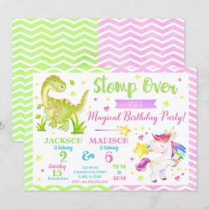 Dinosaur en Unicorn Joint Birthday Invitation Kaart