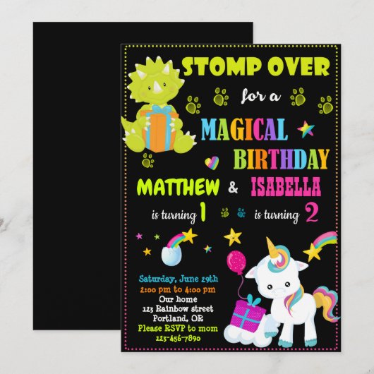 Dinosaur en unicorn verjaardagsuitnodiging Twins Kaart (Voorkant / Achterkant)