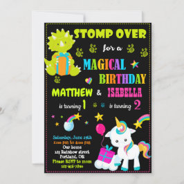 Dinosaur en unicorn verjaardagsuitnodiging Twins Kaart