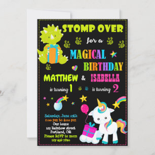 Dinosaur en unicorn verjaardagsuitnodiging Twins Kaart