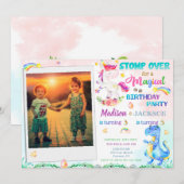 Dinosaur en Unicorn verjaardagsuitnodiging voor tw Kaart (Voorkant / Achterkant)