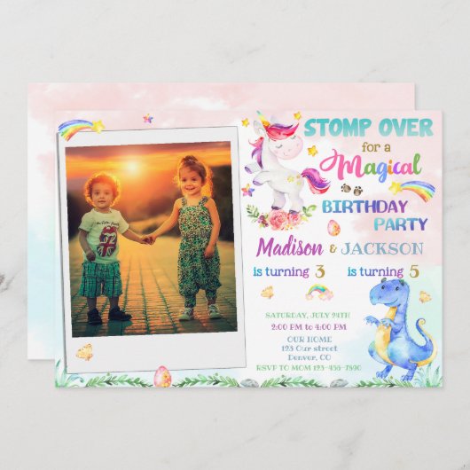 Dinosaur en Unicorn verjaardagsuitnodiging voor tw Kaart (Voorkant / Achterkant)