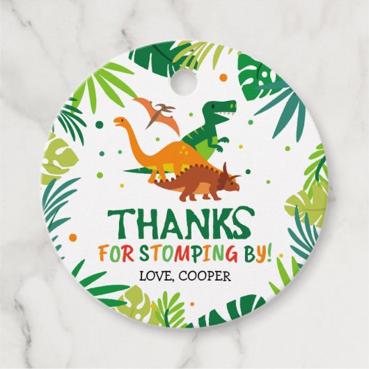 Dinosaur Favor Tag, Dinosaur Birthday Label (Voorkant)