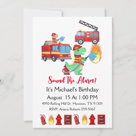 Dinosaur Fire Fighter Boy Verjaardagsfeestje Kaart (Voorkant)