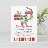 Dinosaur Fire Fighter Boy Verjaardagsfeestje Kaart (Staand voorkant)