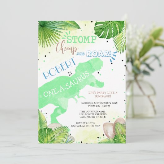 Dinosaur First Birthday Invitation boy Kaart (Staand voorkant)