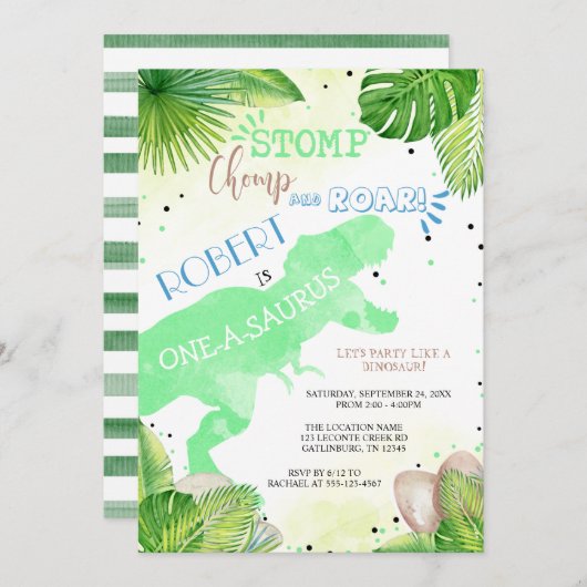 Dinosaur First Birthday Invitation boy Kaart (Voorkant / Achterkant)