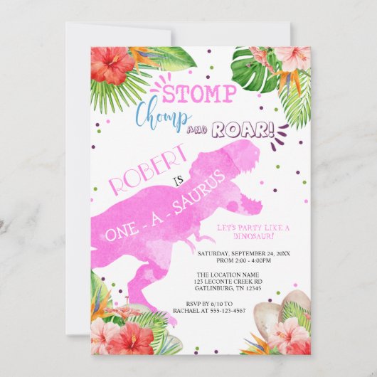 Dinosaur First Birthday Invitation Girl Kaart (Voorkant)