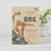 Dinosaur First Birthday Invitation Kaart (Staand voorkant)