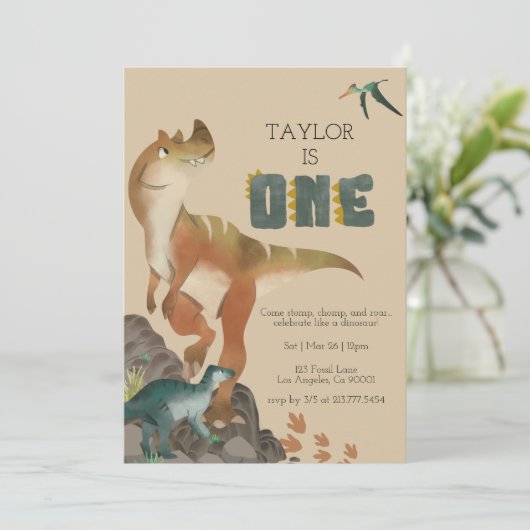 Dinosaur First Birthday Invitation Kaart (Staand voorkant)