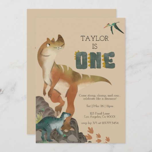 Dinosaur First Birthday Invitation Kaart (Voorkant / Achterkant)