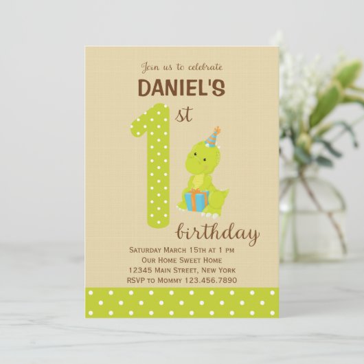 Dinosaur First Birthday Invitation Kaart (Staand voorkant)