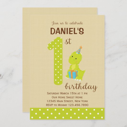 Dinosaur First Birthday Invitation Kaart (Voorkant / Achterkant)