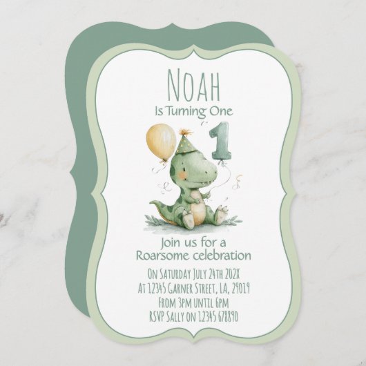 Dinosaur First Birthday Invitation Kaart (Voorkant / Achterkant)