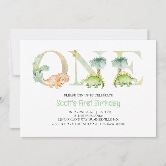 Dinosaur First Birthday Invitation Kaart (Voorkant)
