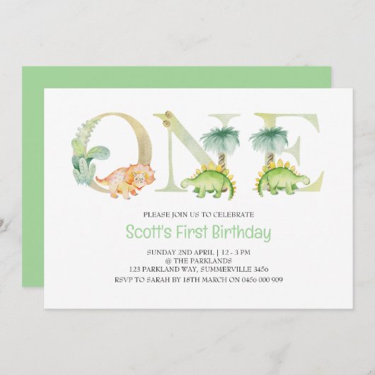 Dinosaur First Birthday Invitation Kaart (Voorkant / Achterkant)