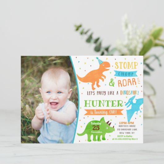 Dinosaur First Birthday Invitations Kaart (Staand voorkant)
