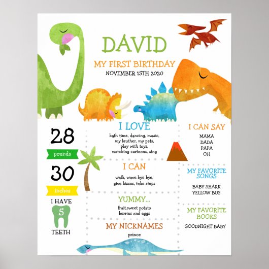 Dinosaur First Birthday Milestone Poster (Voorkant)