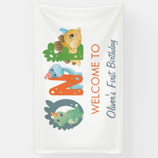 Dinosaur First Birthday Party Welkom Spandoek (Verticaal)