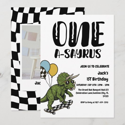 Dinosaur First Birthday, Skateboard Dinos 1 st  Kaart (Voorkant / Achterkant)