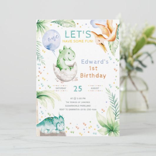 Dinosaur First Birthday uitnodiging (Staand voorkant)