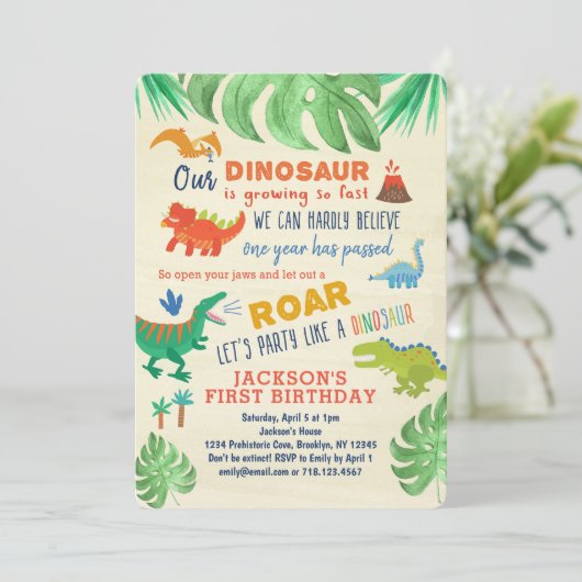 Dinosaur First Birthday Uitnodigingen Dinosaur Par (Staand voorkant)