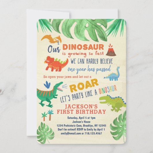 Dinosaur First Birthday Uitnodigingen Dinosaur Par (Voorkant)