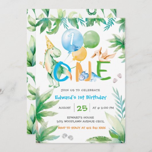 Dinosaur First Boy Birthday sjabloon Kaart (Voorkant / Achterkant)