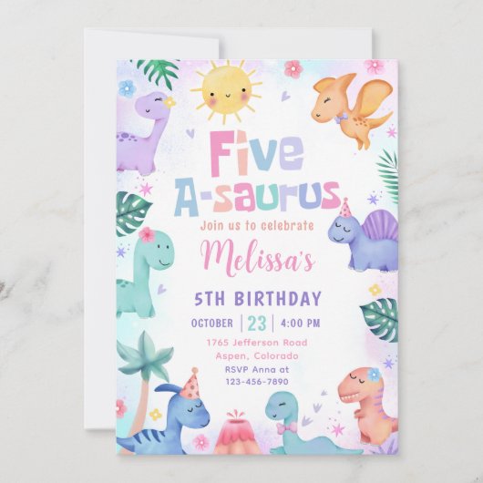 Dinosaur Five-A-Saurus 5th Birthday Party Kaart (Voorkant)