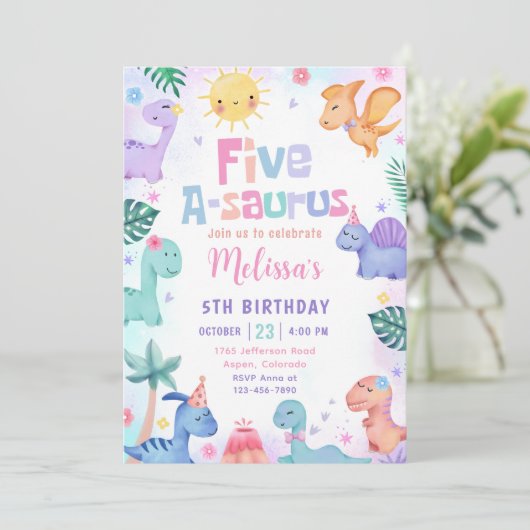Dinosaur Five-A-Saurus 5th Birthday Party Kaart (Staand voorkant)