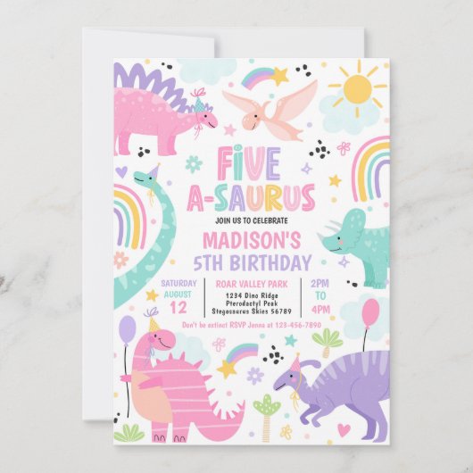 Dinosaur Five-A-Saurus 5th Birthday Party Kaart (Voorkant)