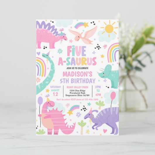 Dinosaur Five-A-Saurus 5th Birthday Party Kaart (Staand voorkant)