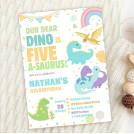 Dinosaur Five-A-Saurus 5th Birthday Party Pastel Kaart
