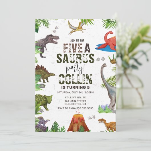 Dinosaur Five Een Saurus 5e Verjaardagsfeest Kaart (Staand voorkant)